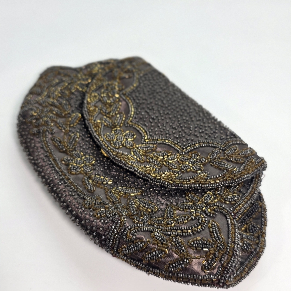 Vintage French Beaded Clutch Taupe Bronze Art Deco Evening Bag Micro Bead Floral - Picture 3 of 15